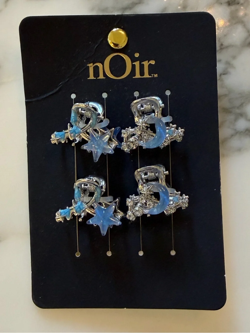 NWT nOir Set of 4 Mini Hair Claw Clips Moon Star Rhinestone Silver Blue